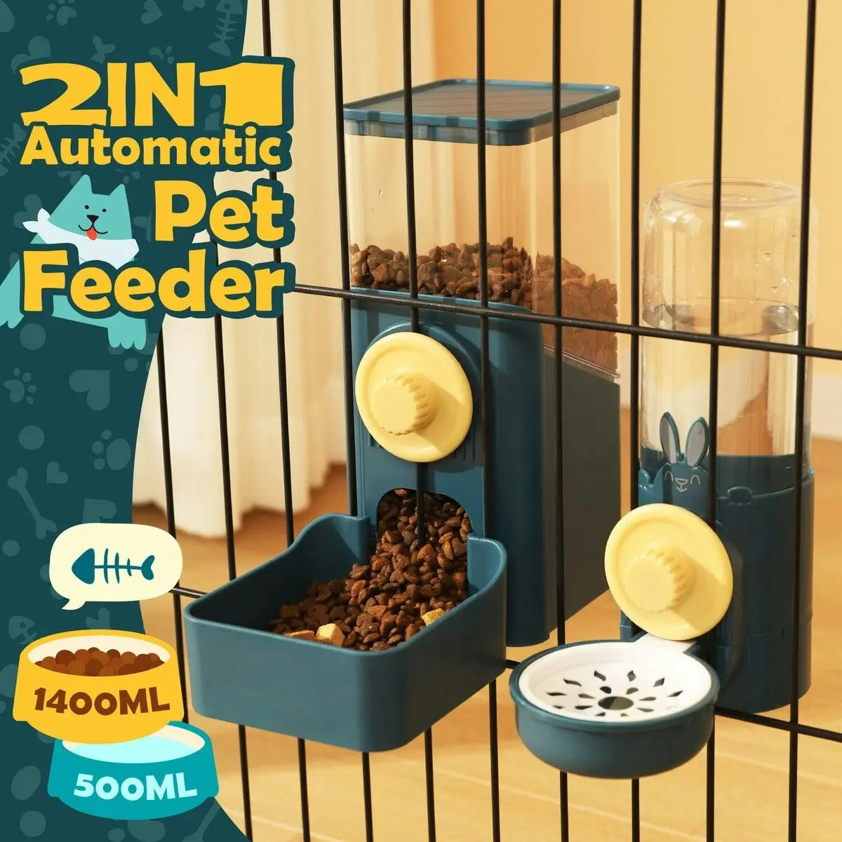 Pet Scene Hanging Automatic Cat Feeder 500ml Water Dispenser 1.4L Food Bowl Auto Pet Feeding Gravity for Small Medium Pets Rabbits