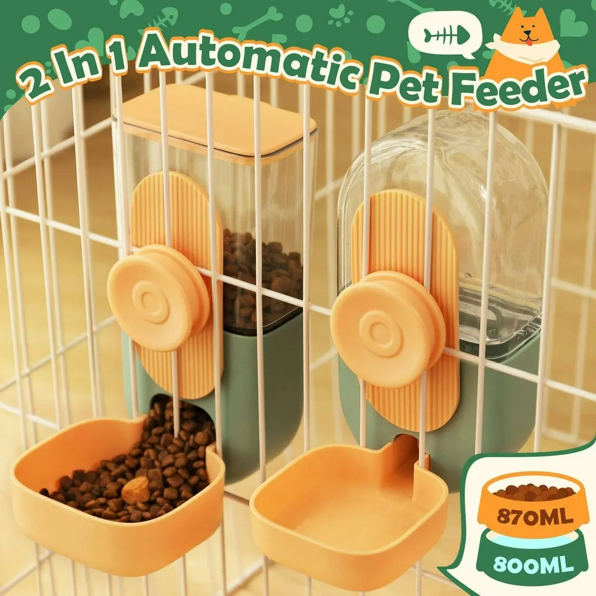 Pet Scene Automatic Dog Cat Feeder Hanging Pet Cage 800ml Water Dispenser 870ml Food Bowl Auto Gravity Fed Puppy Rabbit Small Pets