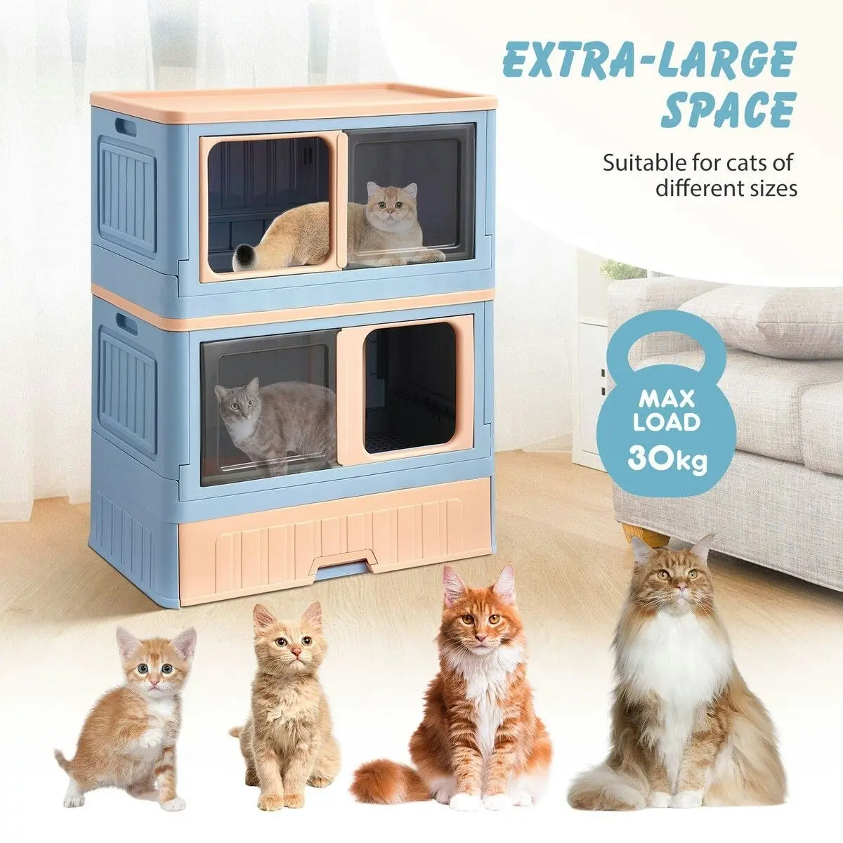 Pet Scene Cat Litter Box Tray 2 in 1 Kitty Enclosure House Bed Cave Toilet Villa Cabinet Condo Furniture Stackable Foldable Blue Pink