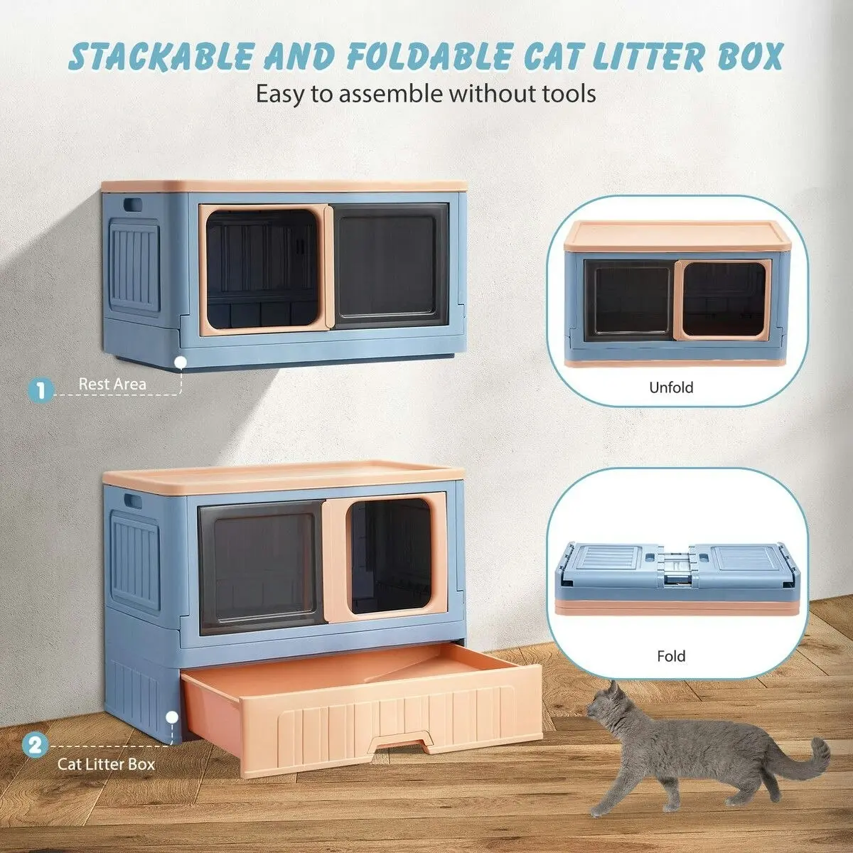 Pet Scene Cat Litter Box Tray 2 in 1 Kitty Enclosure House Bed Cave Toilet Villa Cabinet Condo Furniture Stackable Foldable Blue Pink