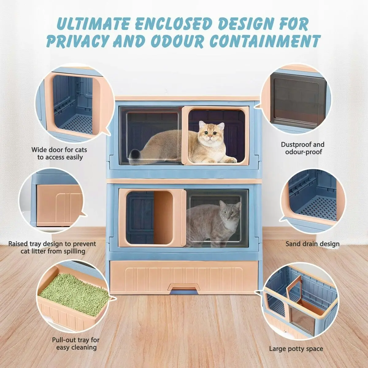 Pet Scene Cat Litter Box Tray 2 in 1 Kitty Enclosure House Bed Cave Toilet Villa Cabinet Condo Furniture Stackable Foldable Blue Pink