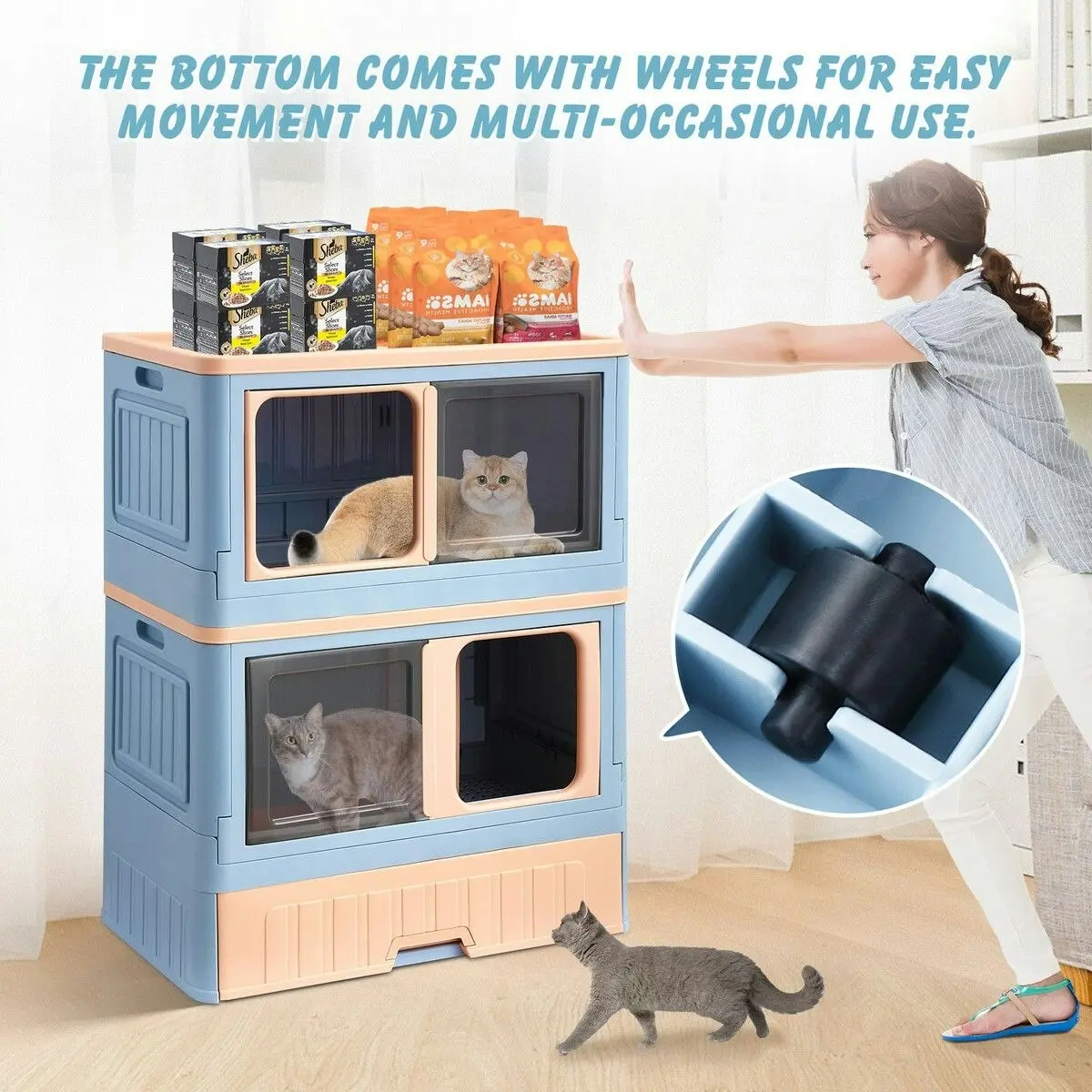 Pet Scene Cat Litter Box Tray 2 in 1 Kitty Enclosure House Bed Cave Toilet Villa Cabinet Condo Furniture Stackable Foldable Blue Pink