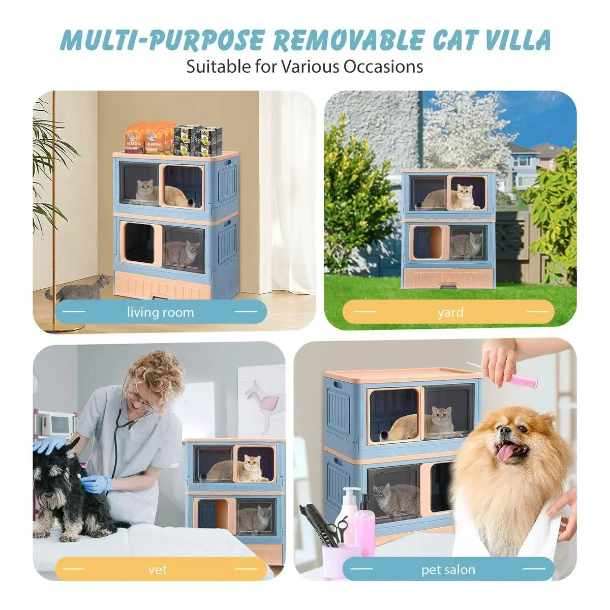 Pet Scene Cat Litter Box Tray 2 in 1 Kitty Enclosure House Bed Cave Toilet Villa Cabinet Condo Furniture Stackable Foldable Blue Pink