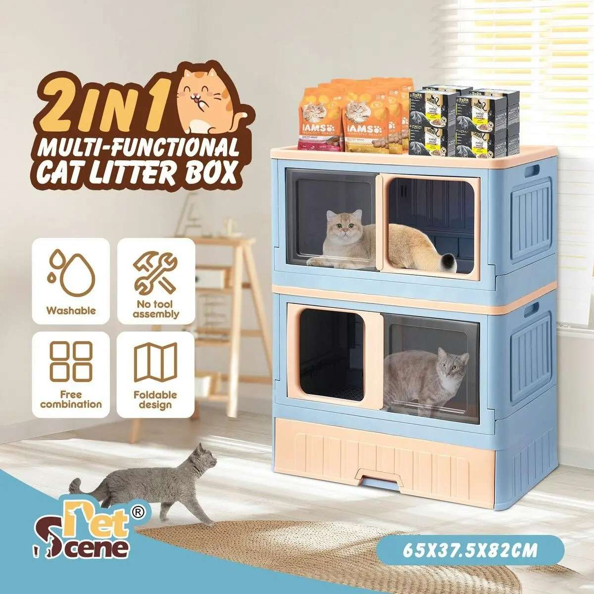 Pet Scene Cat Litter Box Tray 2 in 1 Kitty Enclosure House Bed Cave Toilet Villa Cabinet Condo Furniture Stackable Foldable Blue Pink