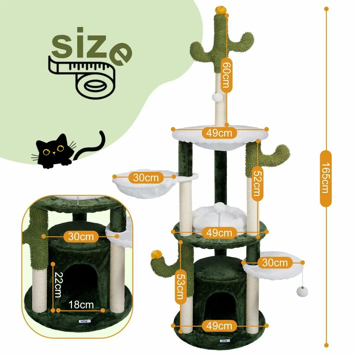 Pet Scene 165cm Cat Tree Tower Scratching Post Bed Sisal Scratcher House Furniture Stand Cave Condo Climbing Play Hammocks Platforms