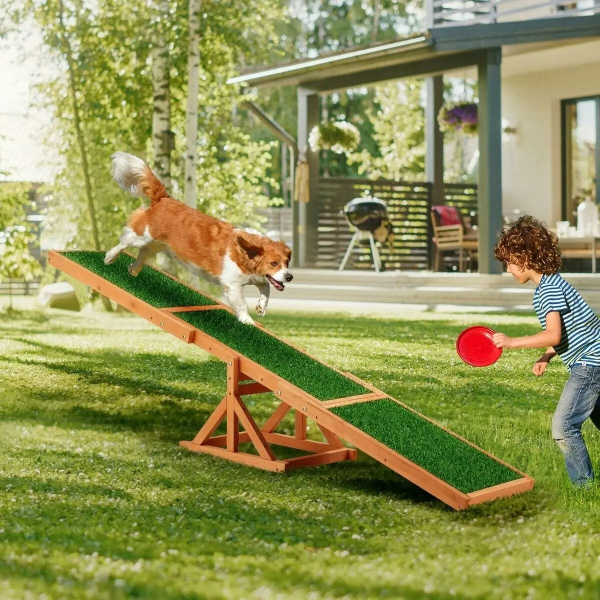 Pet Scene Petscene Pet Seesaw Dog Obedience Training Puppy Sports Agility Outdoor Play Exercise Equipment Teeter Totter Wooden Artificial Grass