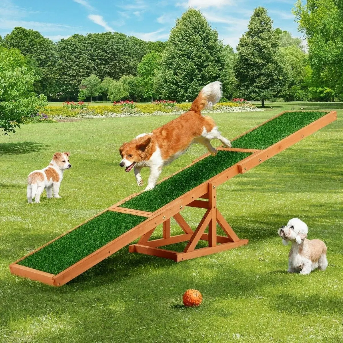 Pet Scene Petscene Pet Seesaw Dog Obedience Training Puppy Sports Agility Outdoor Play Exercise Equipment Teeter Totter Wooden Artificial Grass