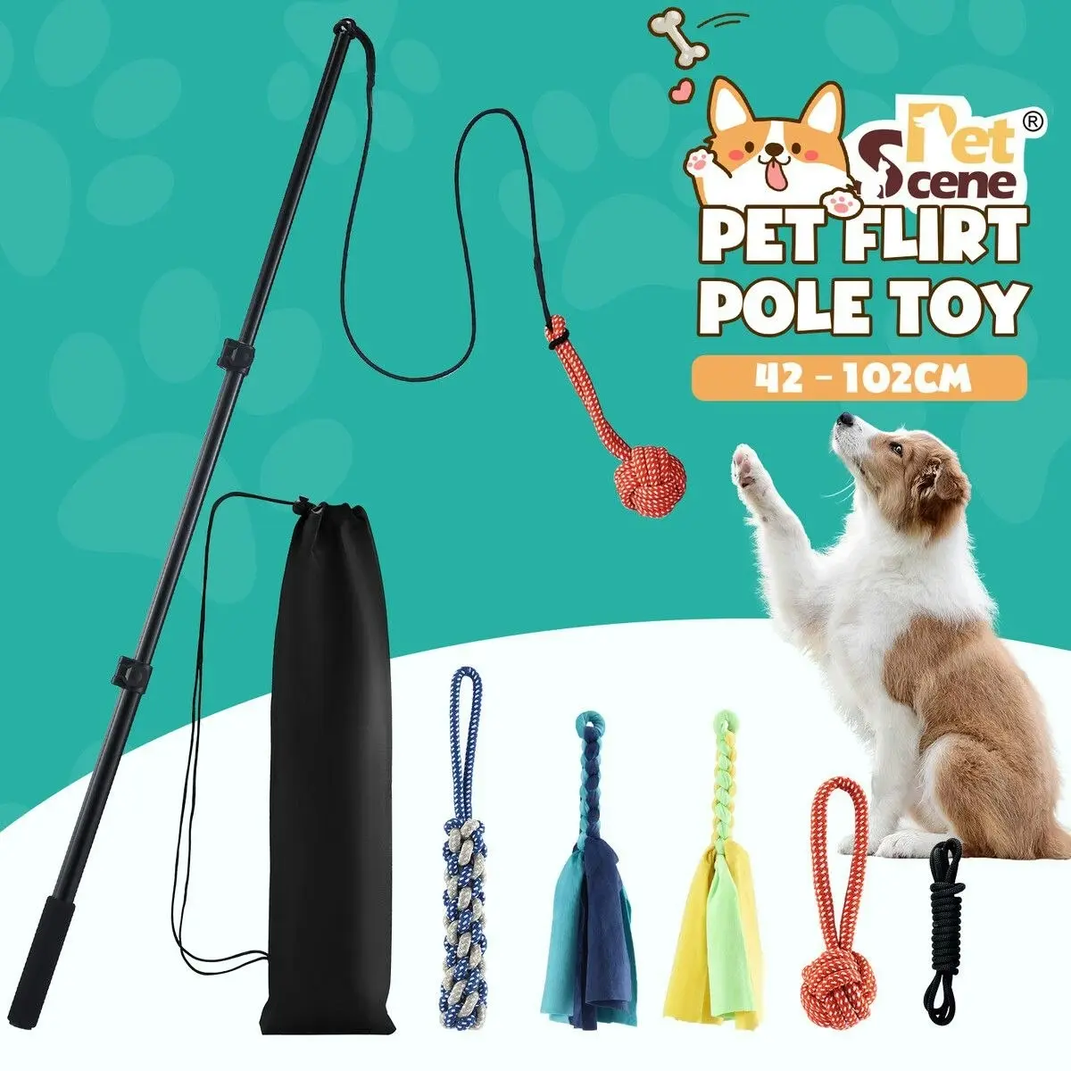 Pet Scene Interactive Flirt Pole Toy Dog Pet Cat Play Wand Retractable Training Exercise Tug Equipment Durable Teaser Chase Stick