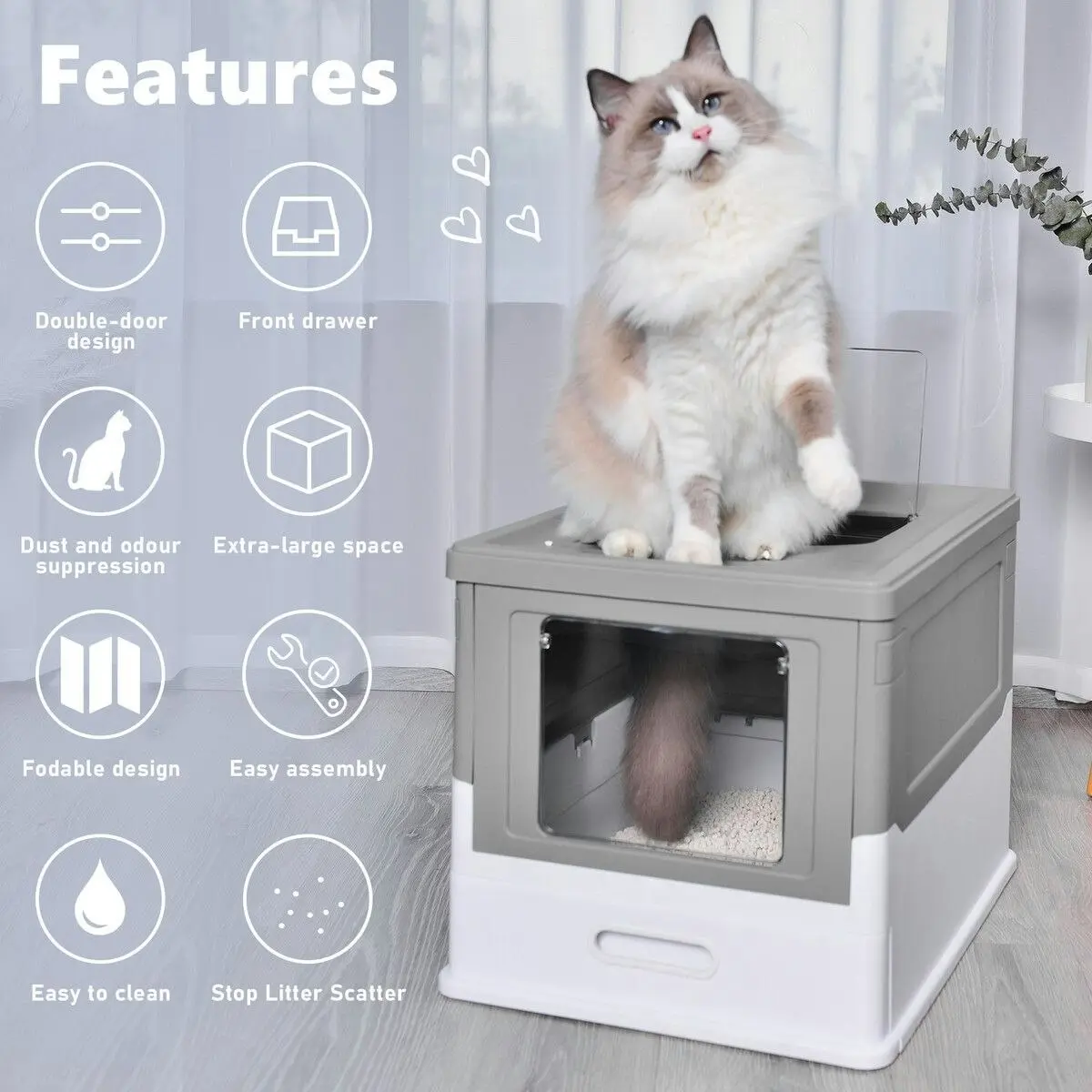 Pet Scene Cat Litter Tray Box Kitty Enclosed Large Pet Toilet Top Entry Furniture Foldable Removable Covered Hooded Plastic Grey