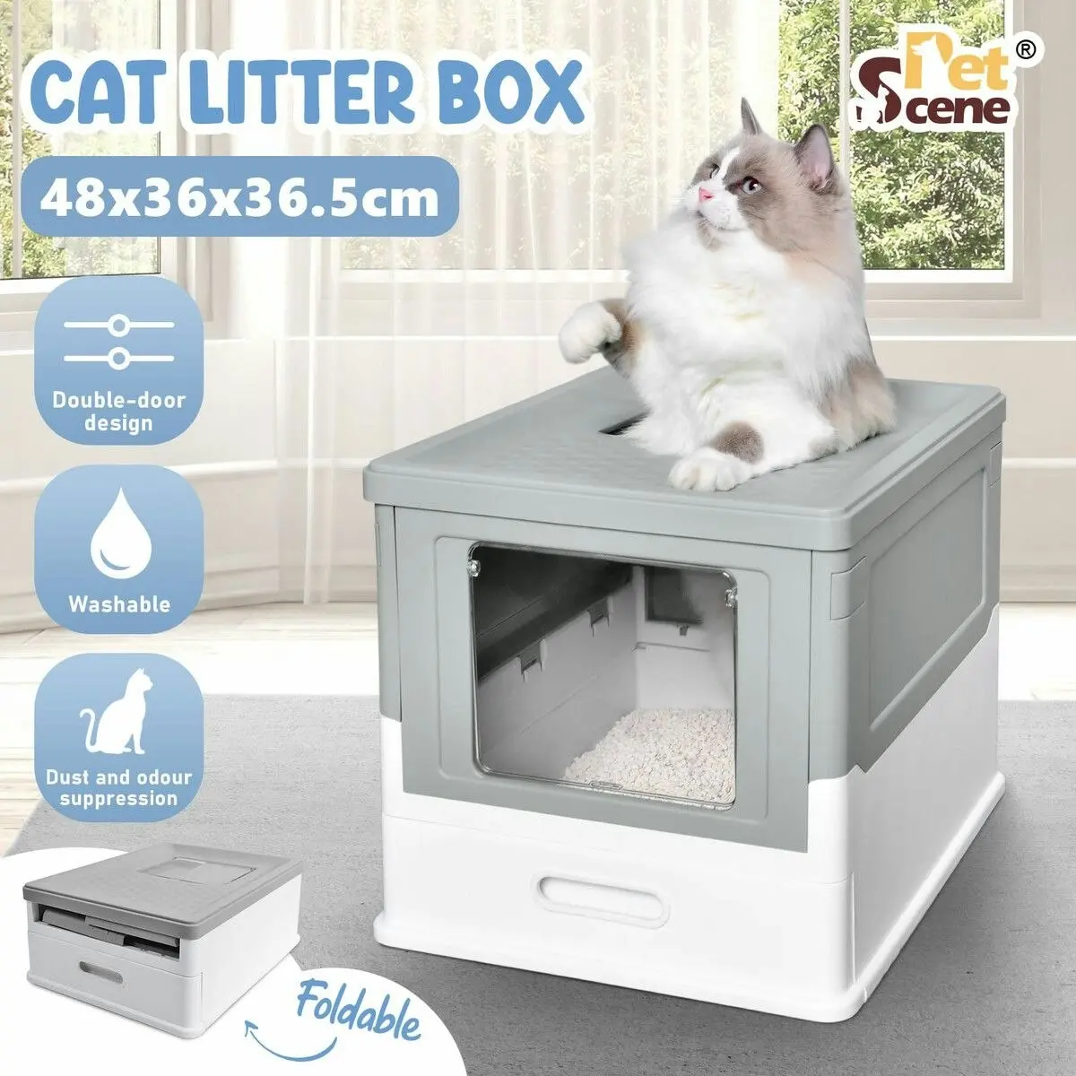 Pet Scene Cat Litter Tray Box Kitty Enclosed Large Pet Toilet Top Entry Furniture Foldable Removable Covered Hooded Plastic Grey