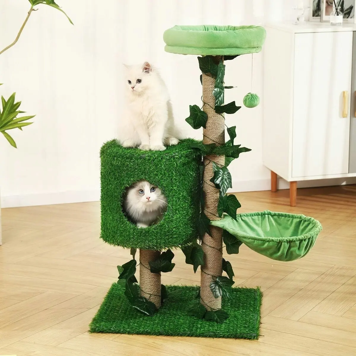 Pet Scene 90cm Cat Tree Tower Kitten Sisal Scratching Post House Stand Activity Centre Cave Scratcher Condo Artificial Grass Gym Furniture Hammock Perch