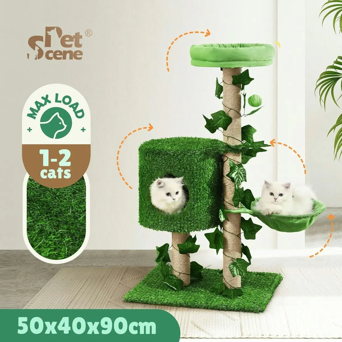 Pet Scene 90cm Cat Tree Tower Kitten Sisal Scratching Post House Stand Activity Centre Cave Scratcher Condo Artificial Grass Gym Furniture Hammock Perch