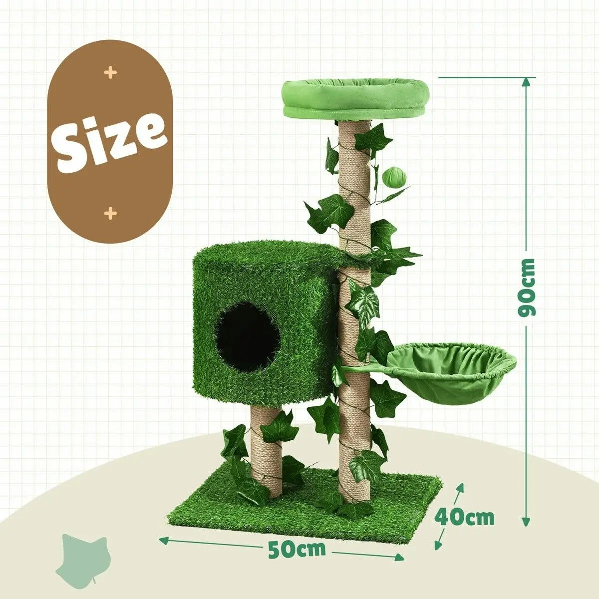 Pet Scene 90cm Cat Tree Tower Kitten Sisal Scratching Post House Stand Activity Centre Cave Scratcher Condo Artificial Grass Gym Furniture Hammock Perch