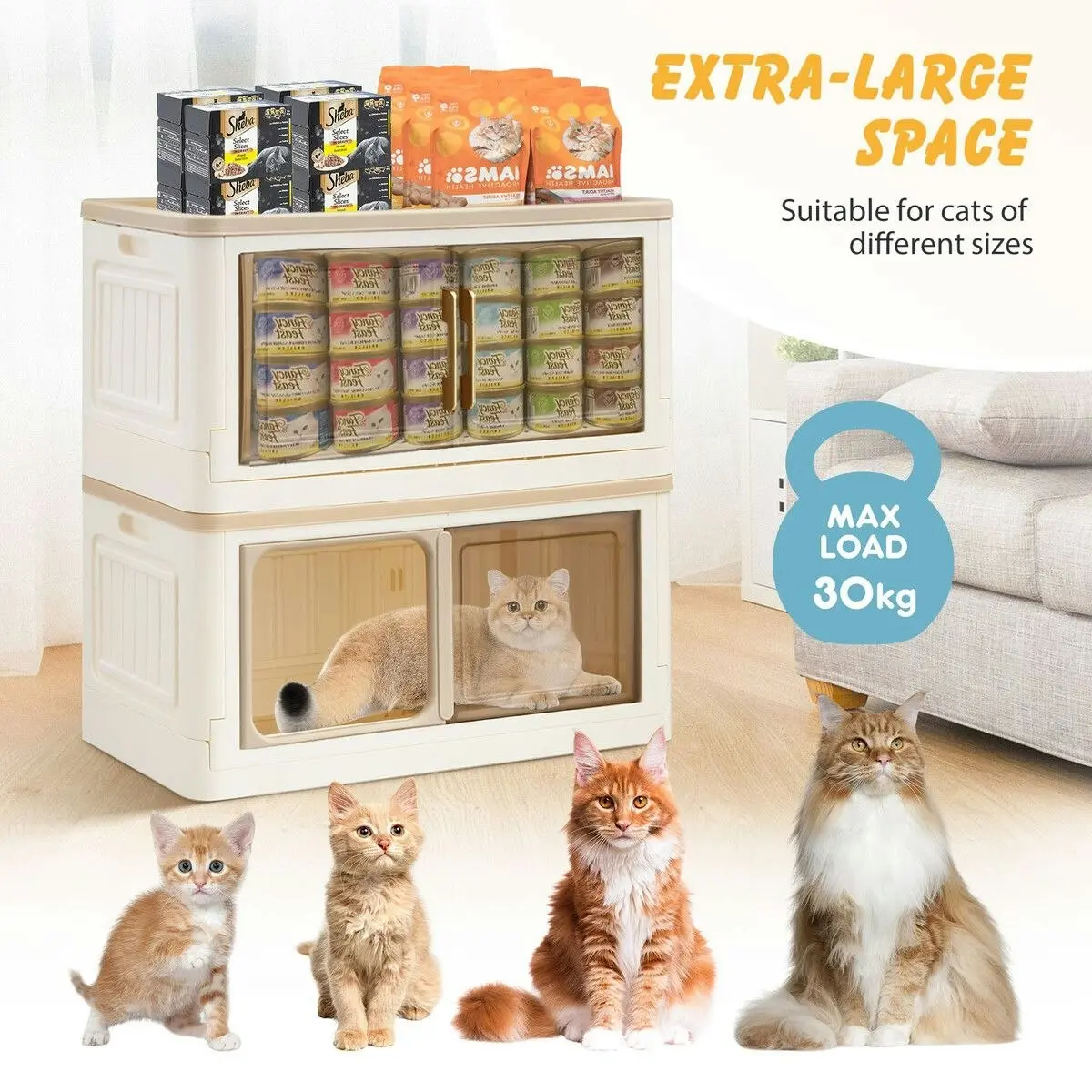 Pet Scene Cat Litter Box Tray Enclosure 3 in 1 Bed House Kitty Cave Storage Cabinet Toilet Villa Condo Furniture Stackable Foldable Khaki