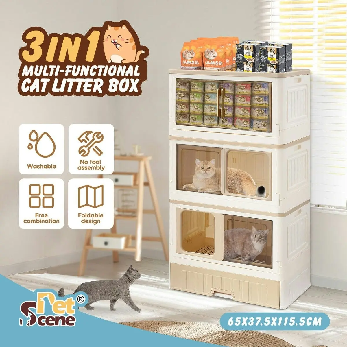 Pet Scene Cat Litter Box Tray Enclosure 3 in 1 Bed House Kitty Cave Storage Cabinet Toilet Villa Condo Furniture Stackable Foldable Khaki