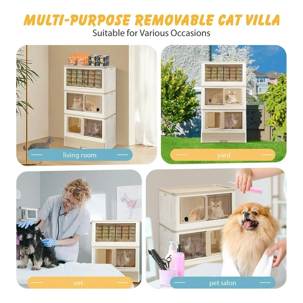 Pet Scene Cat Litter Box Tray Enclosure 3 in 1 Bed House Kitty Cave Storage Cabinet Toilet Villa Condo Furniture Stackable Foldable Khaki