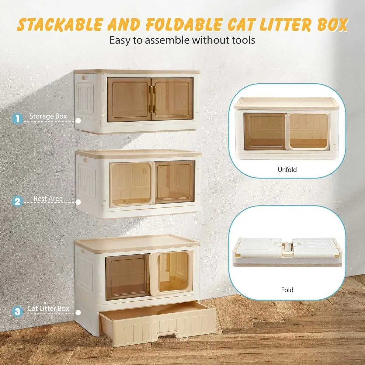 Pet Scene Cat Litter Box Tray Enclosure 3 in 1 Bed House Kitty Cave Storage Cabinet Toilet Villa Condo Furniture Stackable Foldable Khaki