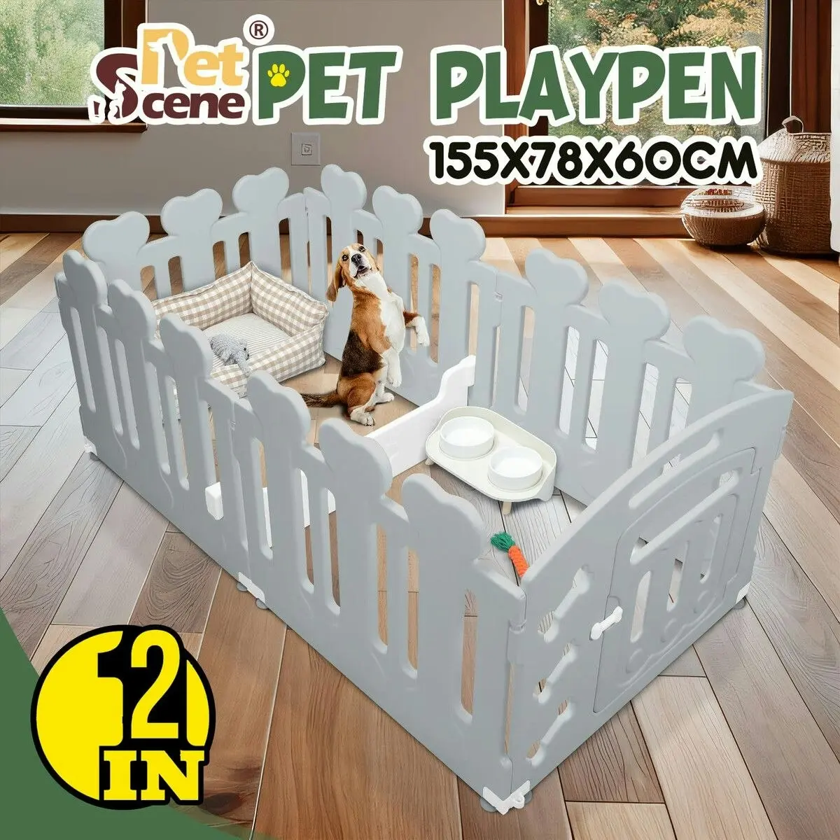 Pet Scene Dog Playpen Crate Pet Pen Cat Enclosure Indoor Outdoor Puppy Exercise Cage Safety Play Fence Gate Whelping Box Kennel Portable 155x78x60cm