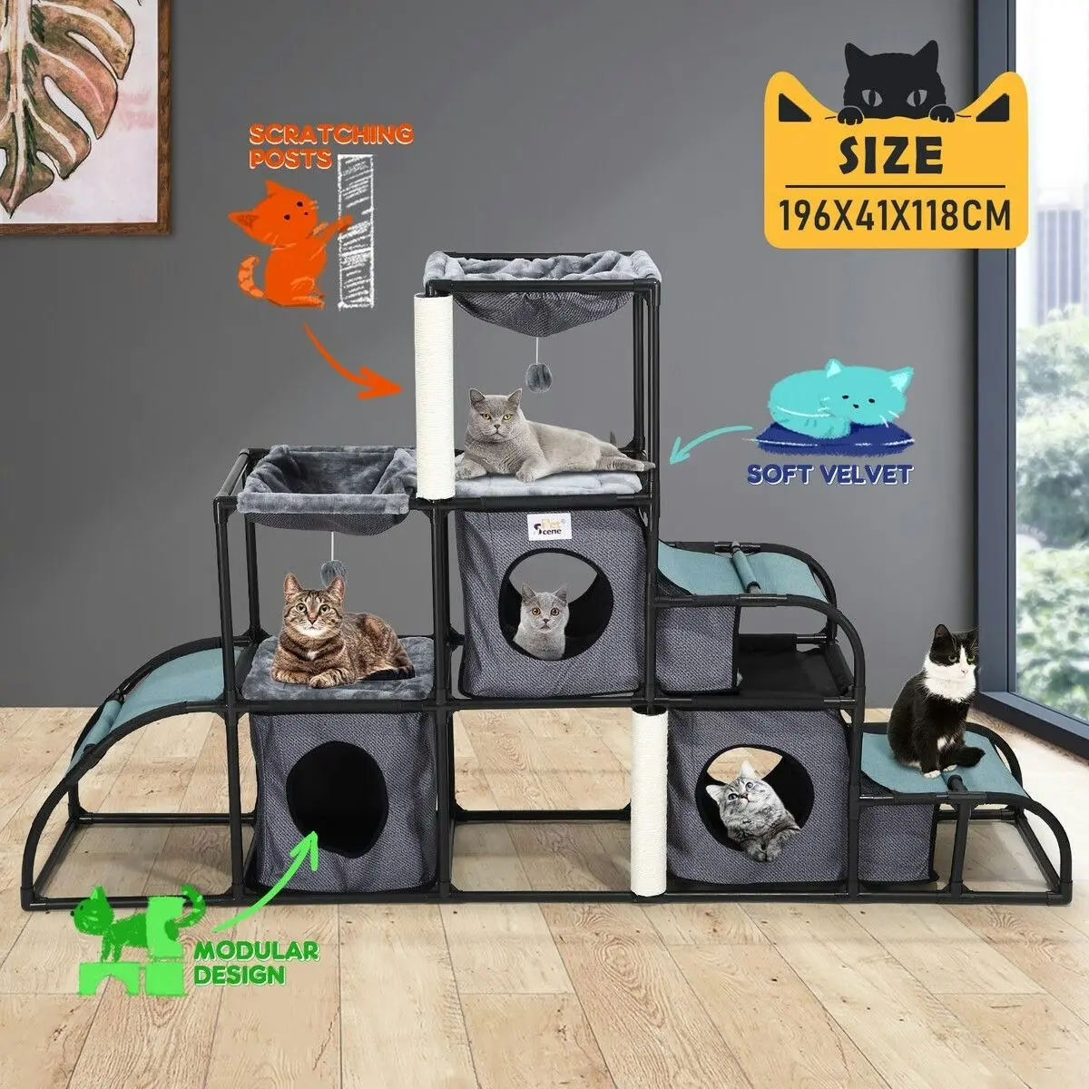 Pet Scene Cat Tree Scratching Post Scratcher Tower Condo Nest Hammock Climbing Play House Bed Gym DIY Pet Toys Furniture Multi-Level