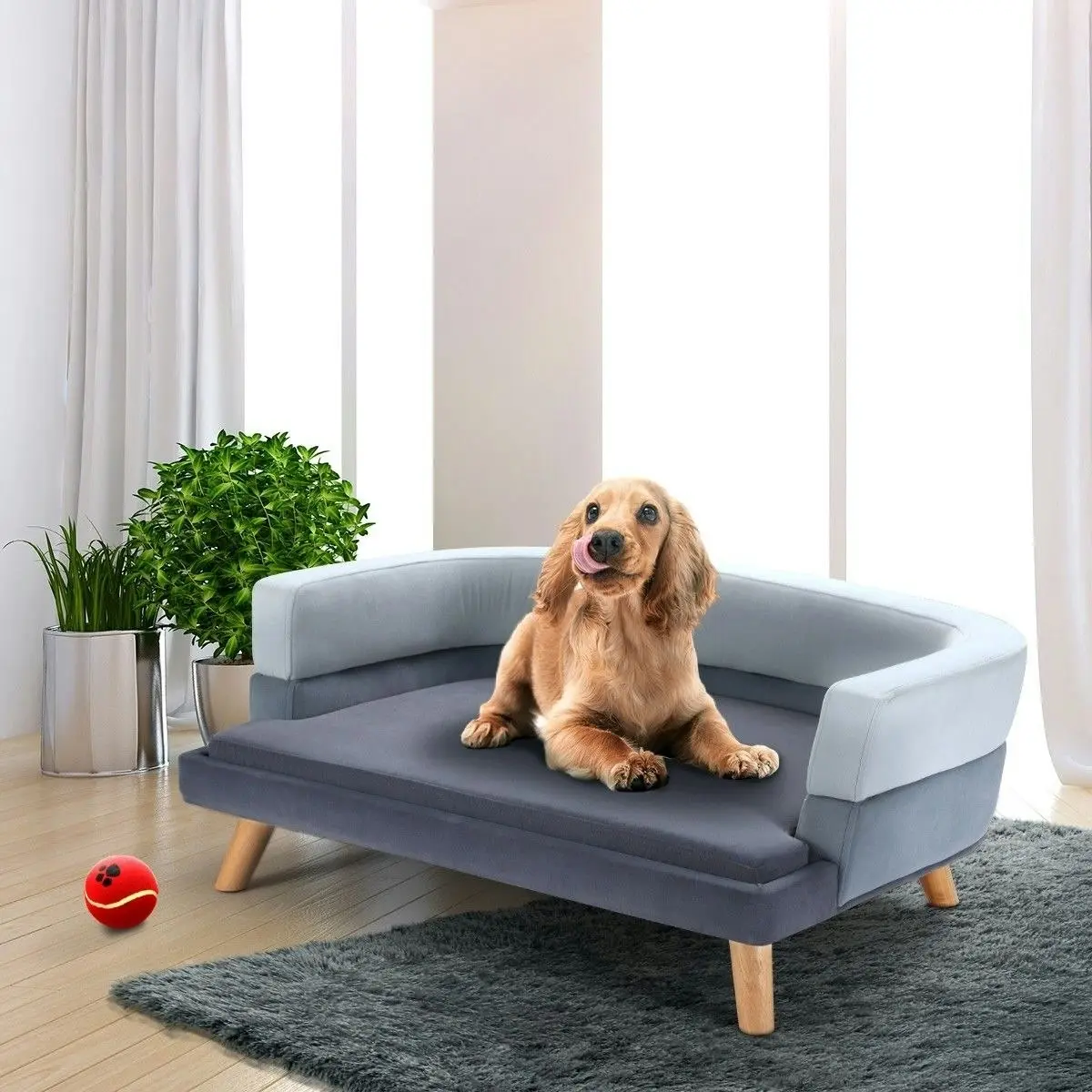 Pet Scene Luxury Dog Cat Bed Sofa Large Doggy Lounge Puppy Soft Chaise Pet Furniture Wood Frame High Density Sponge