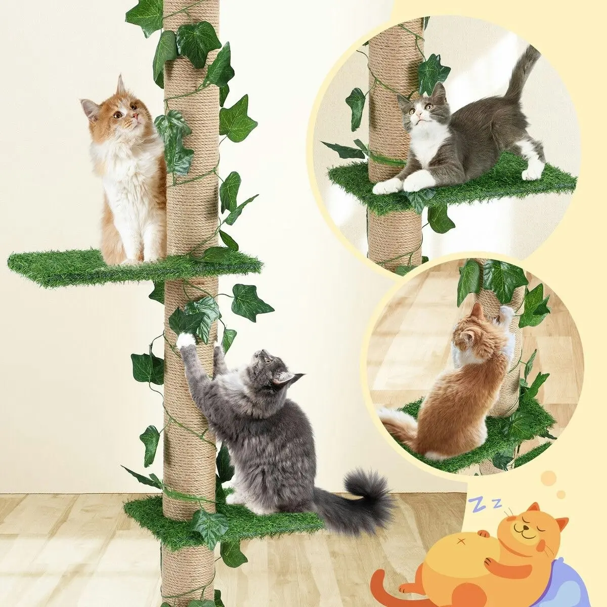 Pet Scene Cat Scratching Post Tree Tower Tall Scratcher Pole Pet Toy Wood Furniture Kitty Play House Gym 4 Tier Stand Sisal Artificial Grass