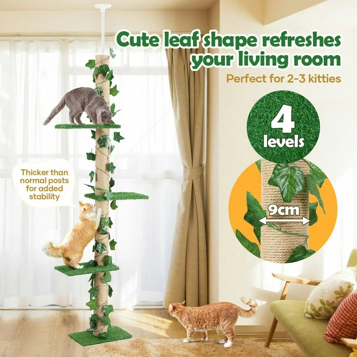 Pet Scene Cat Scratching Post Tree Tower Tall Scratcher Pole Pet Toy Wood Furniture Kitty Play House Gym 4 Tier Stand Sisal Artificial Grass