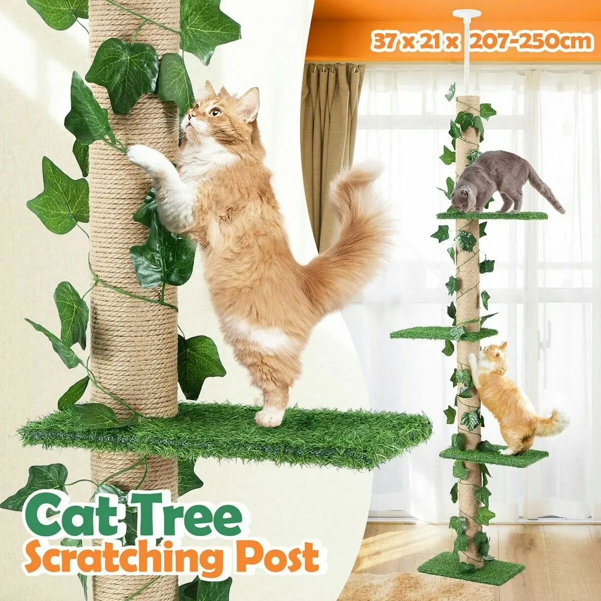 Pet Scene Cat Scratching Post Tree Tower Tall Scratcher Pole Pet Toy Wood Furniture Kitty Play House Gym 4 Tier Stand Sisal Artificial Grass