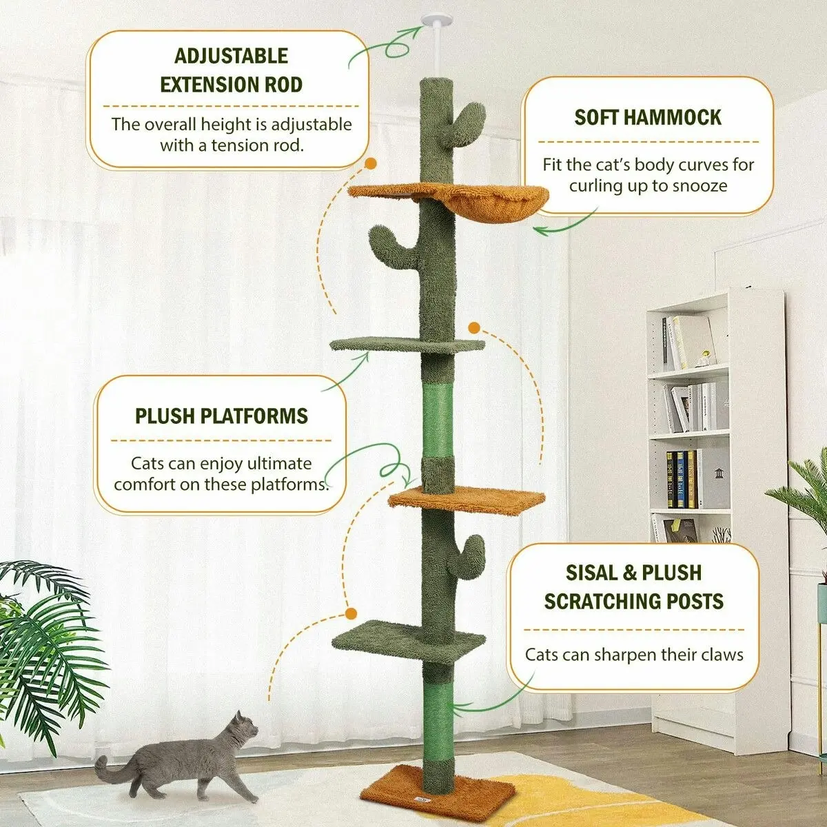 Pet Scene Cat Tree Tower Scratching Post Sisal Scratcher Furniture Stand Scratch Pole Climbing Floor to Ceiling Hammock Platforms 229-275cm