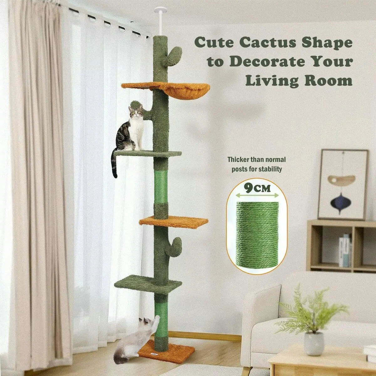 Pet Scene Cat Tree Tower Scratching Post Sisal Scratcher Furniture Stand Scratch Pole Climbing Floor to Ceiling Hammock Platforms 229-275cm