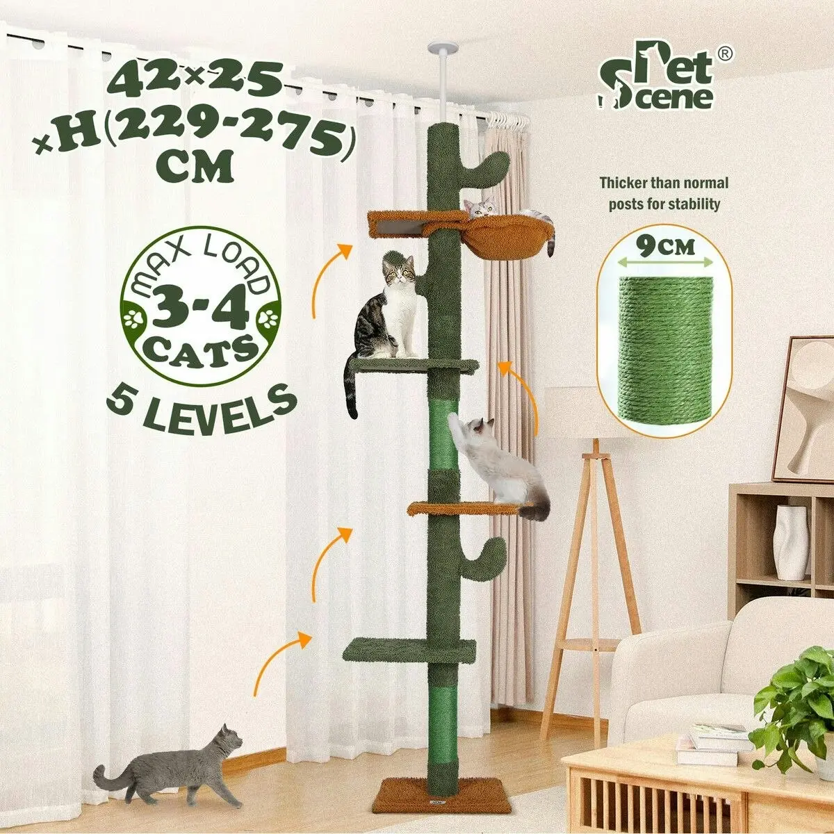 Pet Scene Cat Tree Tower Scratching Post Sisal Scratcher Furniture Stand Scratch Pole Climbing Floor to Ceiling Hammock Platforms 229-275cm