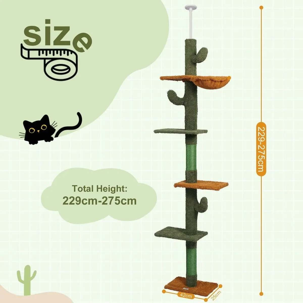 Pet Scene Cat Tree Tower Scratching Post Sisal Scratcher Furniture Stand Scratch Pole Climbing Floor to Ceiling Hammock Platforms 229-275cm