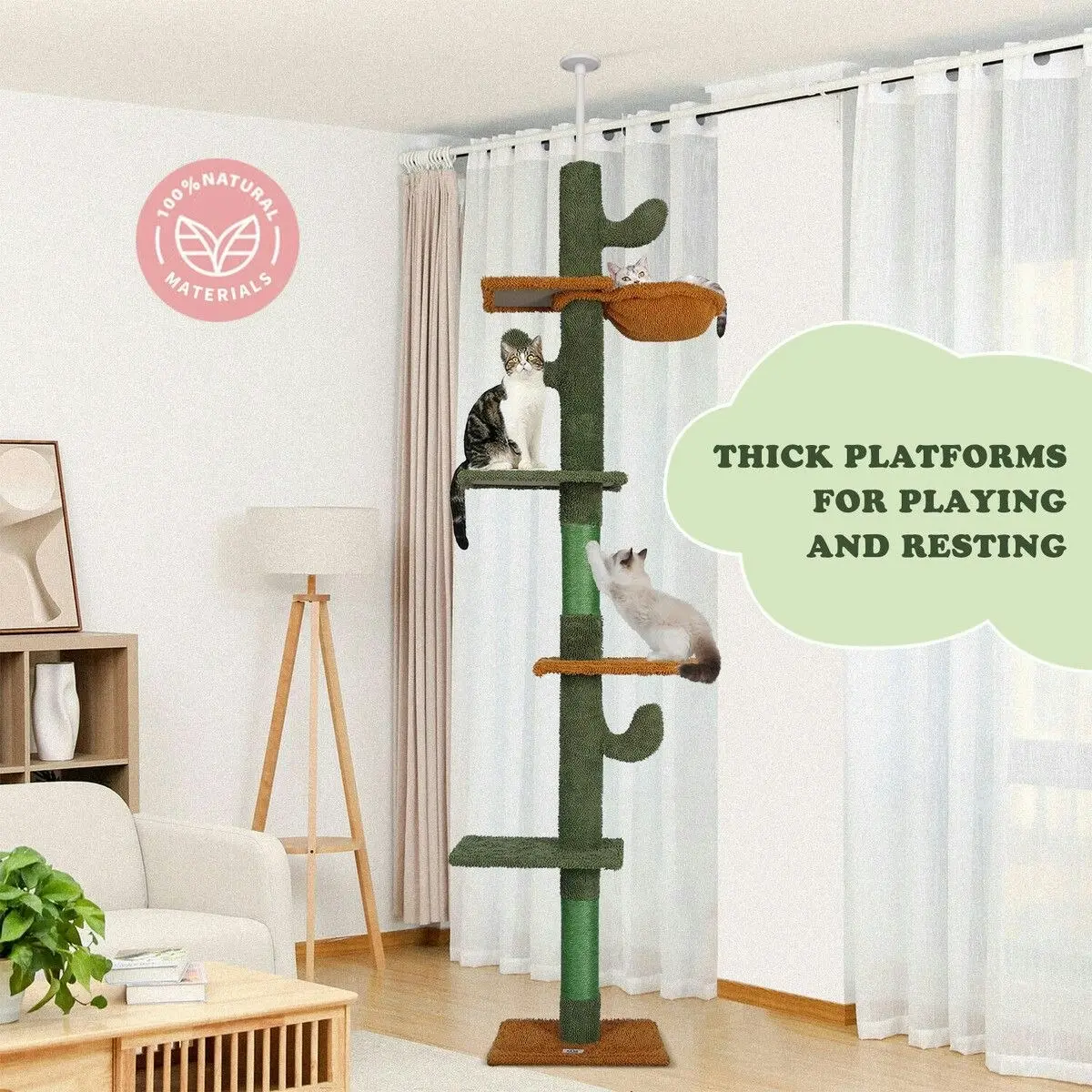 Pet Scene Cat Tree Tower Scratching Post Sisal Scratcher Furniture Stand Scratch Pole Climbing Floor to Ceiling Hammock Platforms 229-275cm