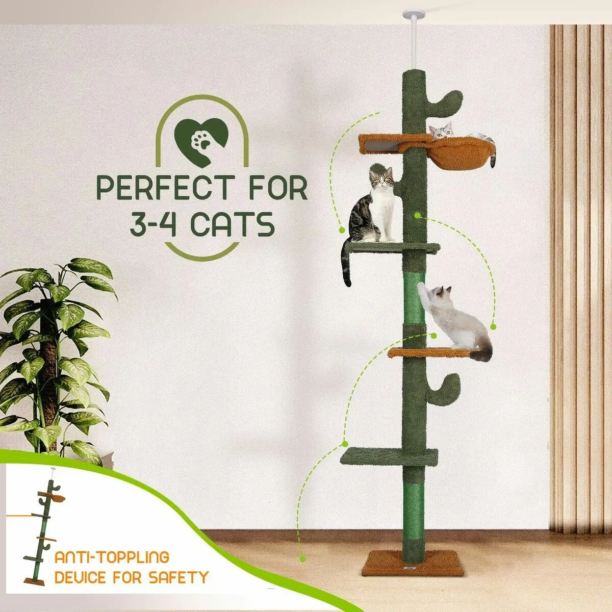 Pet Scene Cat Tree Tower Scratching Post Sisal Scratcher Furniture Stand Scratch Pole Climbing Floor to Ceiling Hammock Platforms 229-275cm