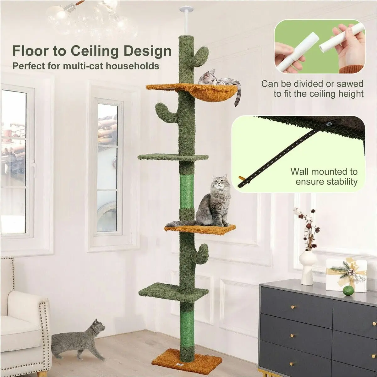 Pet Scene Cat Tree Tower Scratching Post Sisal Scratcher Furniture Stand Scratch Pole Climbing Floor to Ceiling Hammock Platforms 229-275cm