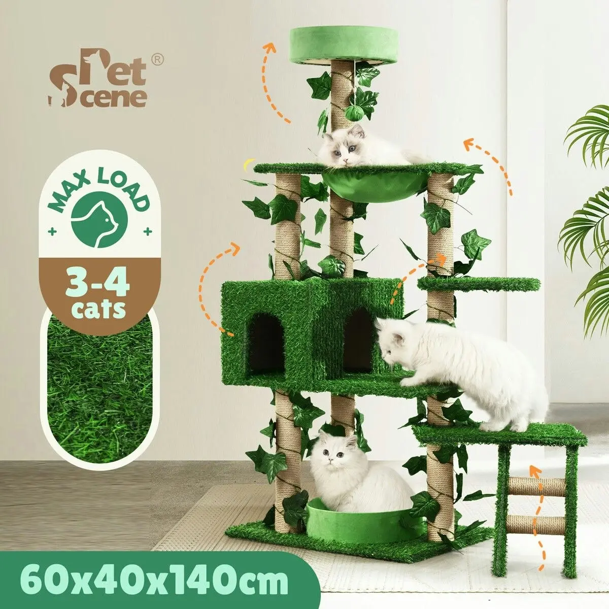 Pet Scene 140cm Cat Tree Tower Kitty Sisal Scratching Post Scratcher House Stand Cave Hammock Activity Centre Artificial Grass Condo Furniture Multi Levels