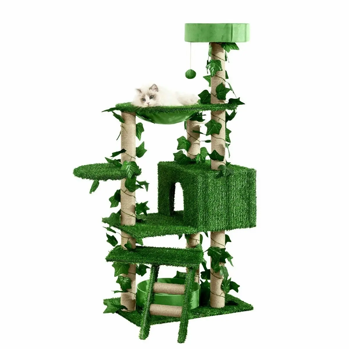 Pet Scene 140cm Cat Tree Tower Kitty Sisal Scratching Post Scratcher House Stand Cave Hammock Activity Centre Artificial Grass Condo Furniture Multi Levels