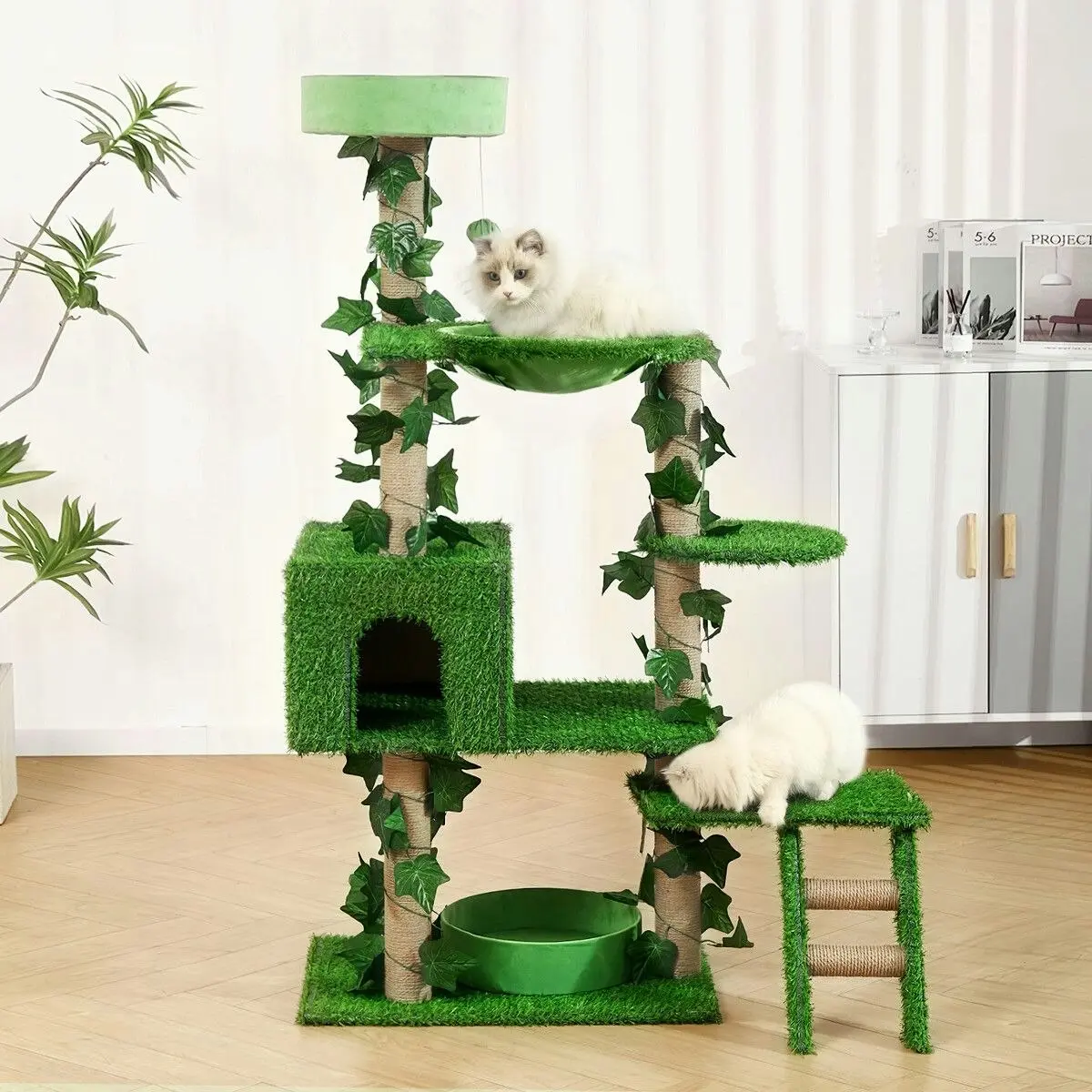 Pet Scene 140cm Cat Tree Tower Kitty Sisal Scratching Post Scratcher House Stand Cave Hammock Activity Centre Artificial Grass Condo Furniture Multi Levels