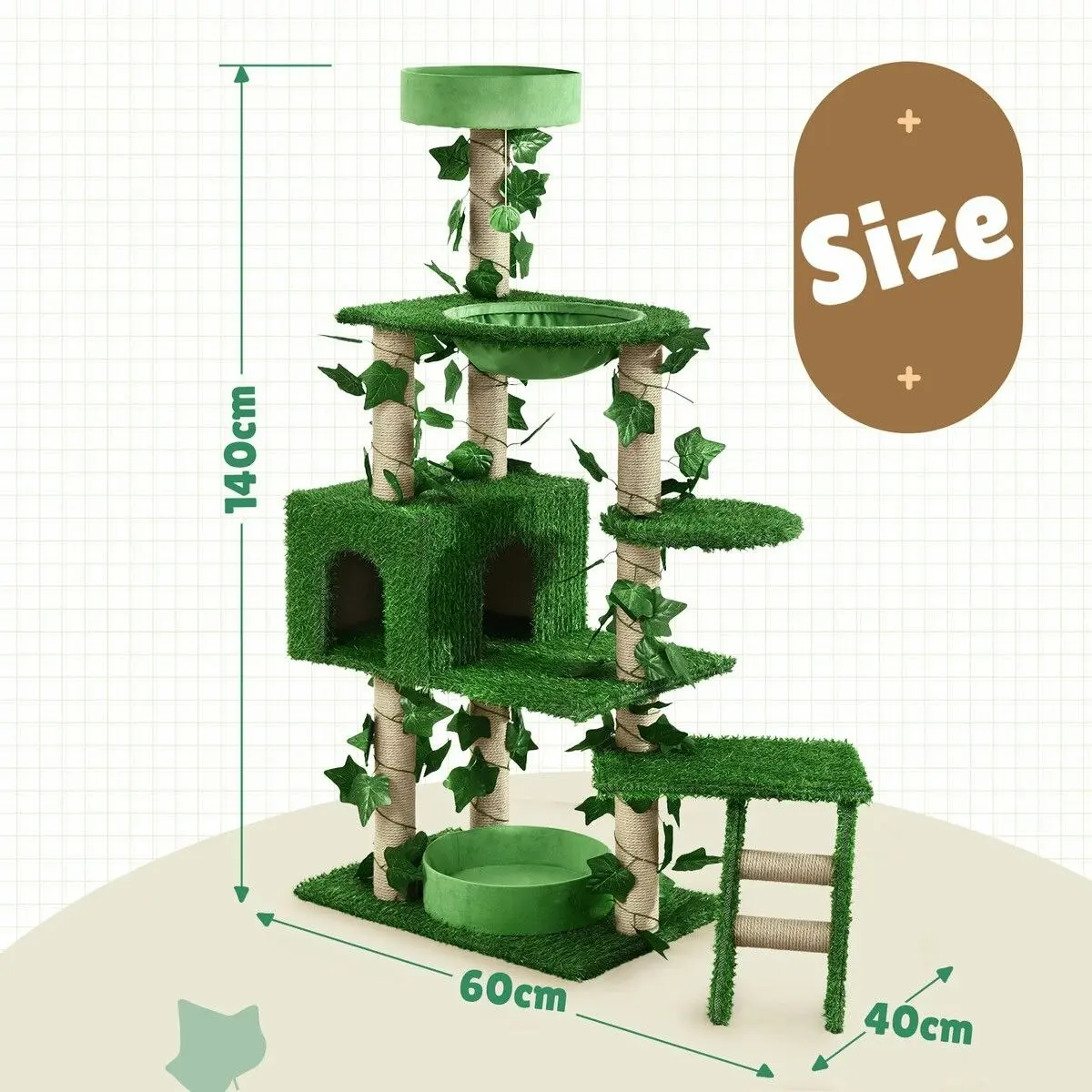 Pet Scene 140cm Cat Tree Tower Kitty Sisal Scratching Post Scratcher House Stand Cave Hammock Activity Centre Artificial Grass Condo Furniture Multi Levels