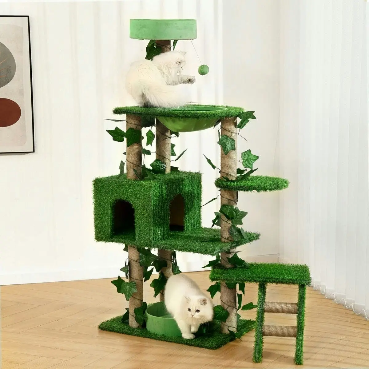 Pet Scene 140cm Cat Tree Tower Kitty Sisal Scratching Post Scratcher House Stand Cave Hammock Activity Centre Artificial Grass Condo Furniture Multi Levels