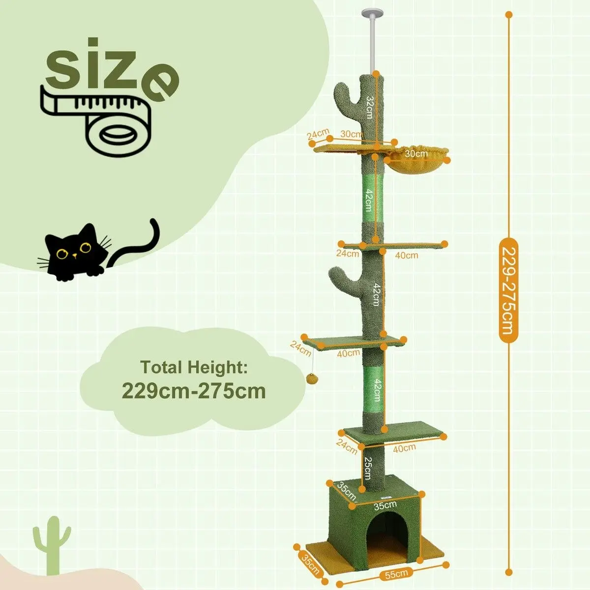 Pet Scene Cat Tree Kitty Tower Scratching Post Bed Sisal Scratcher House Stand Cave Floor to Ceiling Furniture Hammock Platforms 229-275cm