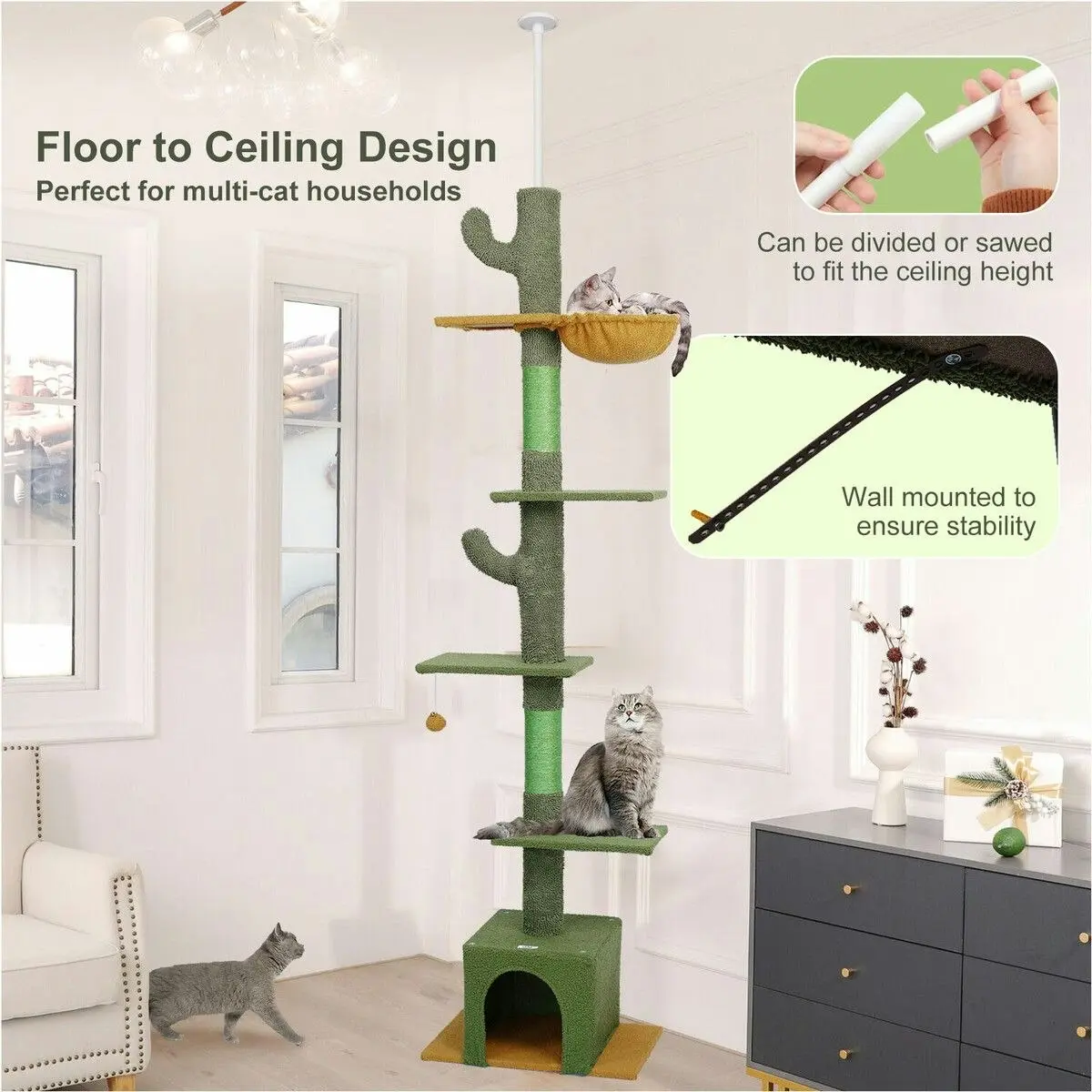 Pet Scene Cat Tree Kitty Tower Scratching Post Bed Sisal Scratcher House Stand Cave Floor to Ceiling Furniture Hammock Platforms 229-275cm