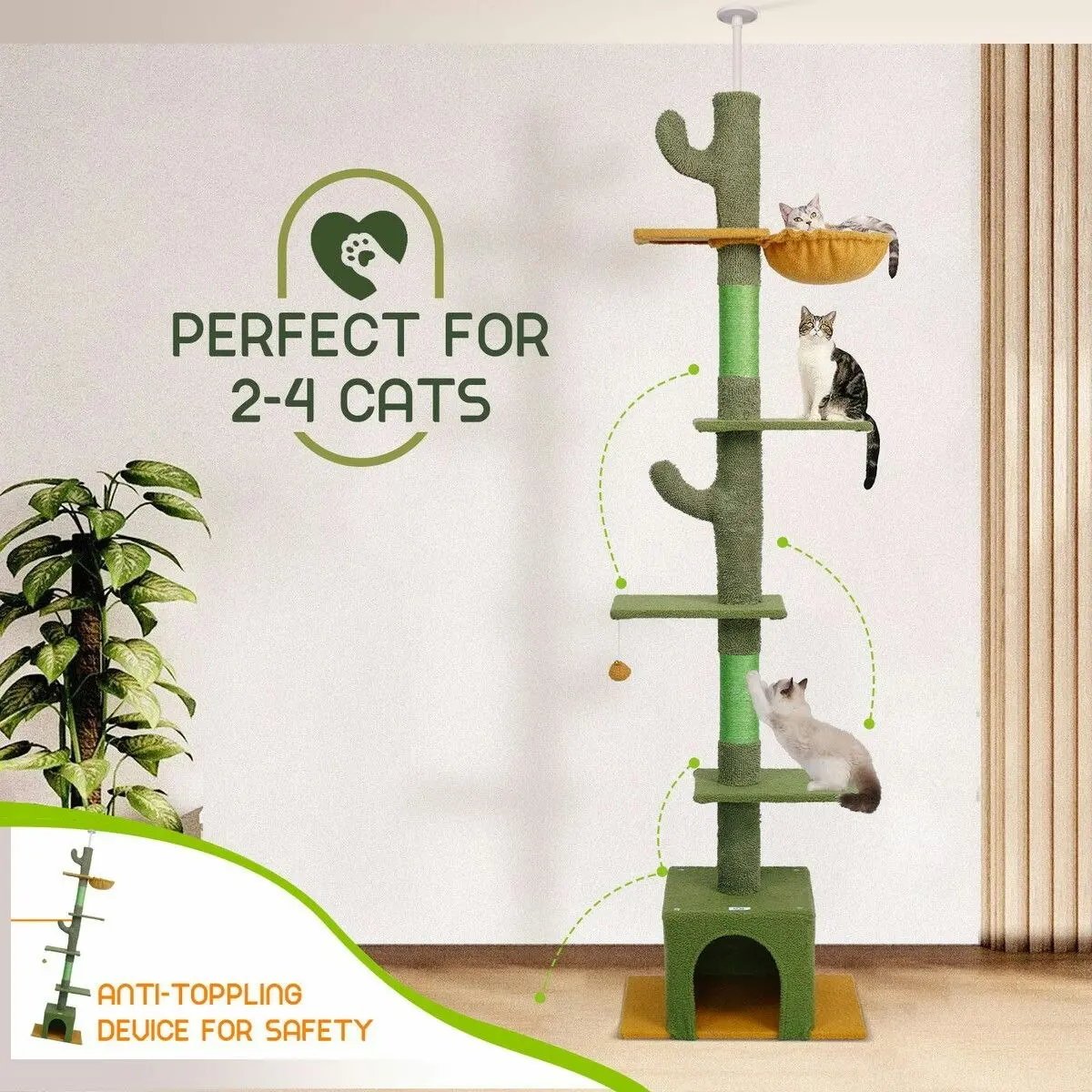 Pet Scene Cat Tree Kitty Tower Scratching Post Bed Sisal Scratcher House Stand Cave Floor to Ceiling Furniture Hammock Platforms 229-275cm