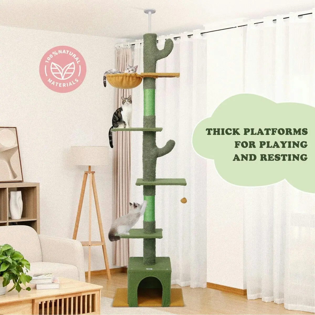 Pet Scene Cat Tree Kitty Tower Scratching Post Bed Sisal Scratcher House Stand Cave Floor to Ceiling Furniture Hammock Platforms 229-275cm