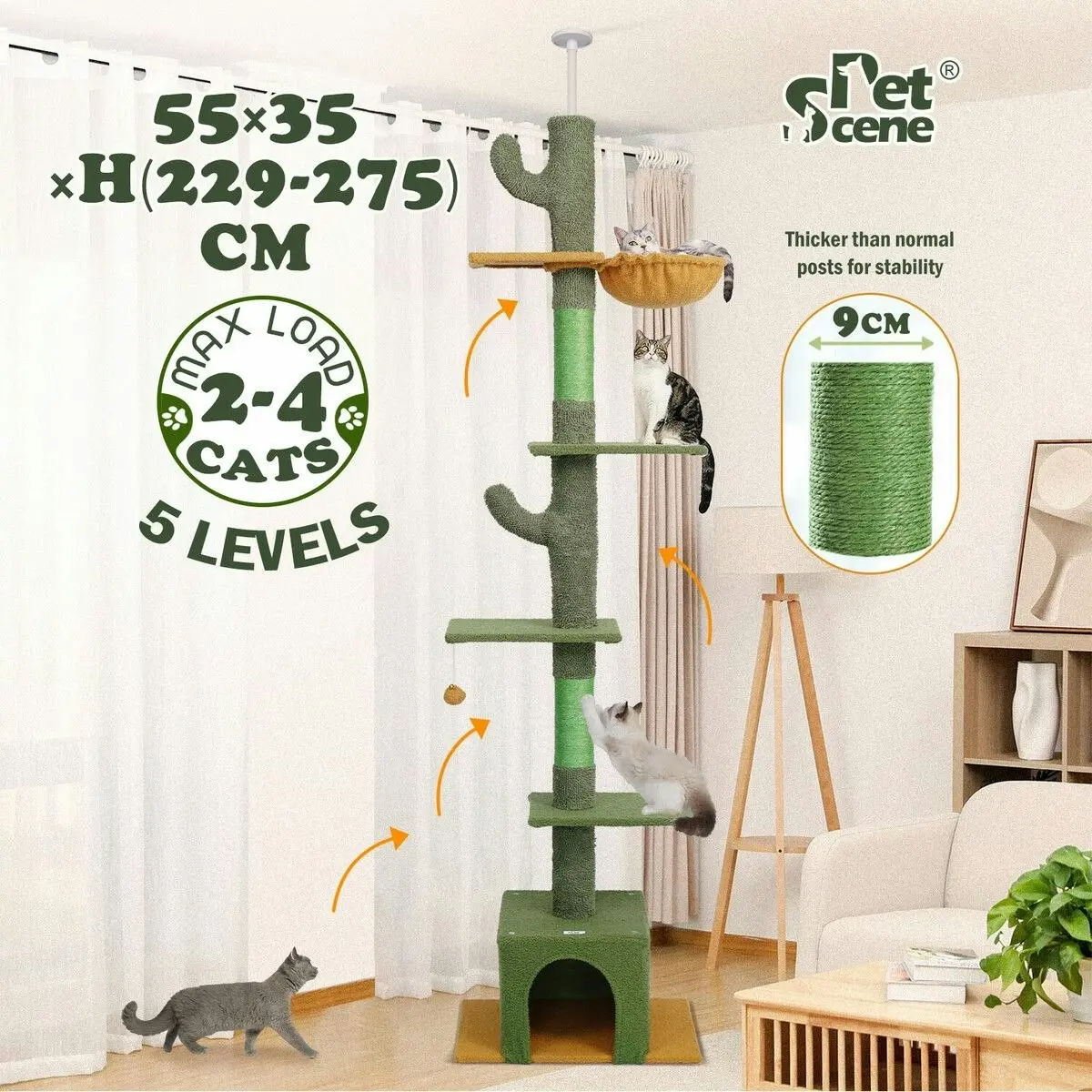 Pet Scene Cat Tree Kitty Tower Scratching Post Bed Sisal Scratcher House Stand Cave Floor to Ceiling Furniture Hammock Platforms 229-275cm