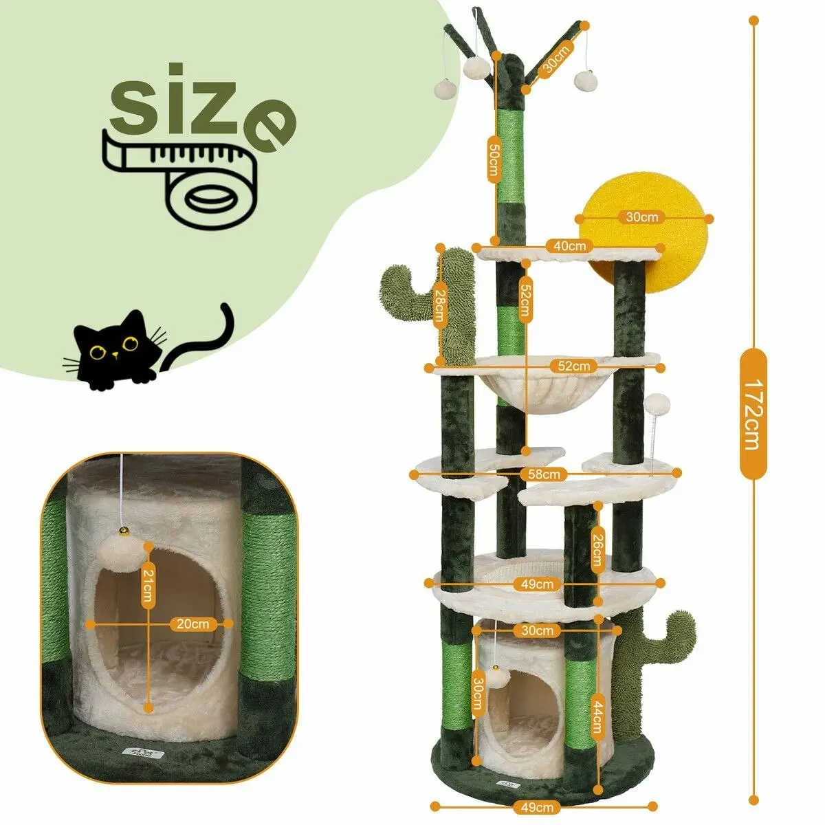 Pet Scene 172cm Cat Tower Tree Scratching Post House Bed Sisal Scratcher Cave Furniture Condos Climbing Stand Play Hammock Balls