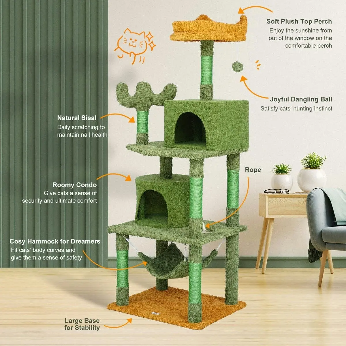 Pet Scene Cat Tree Tower Kitty Scratching Post Sisal Scratcher House Bed Stand Furniture Hammock Cave Condo Activity Centre 158.5 High