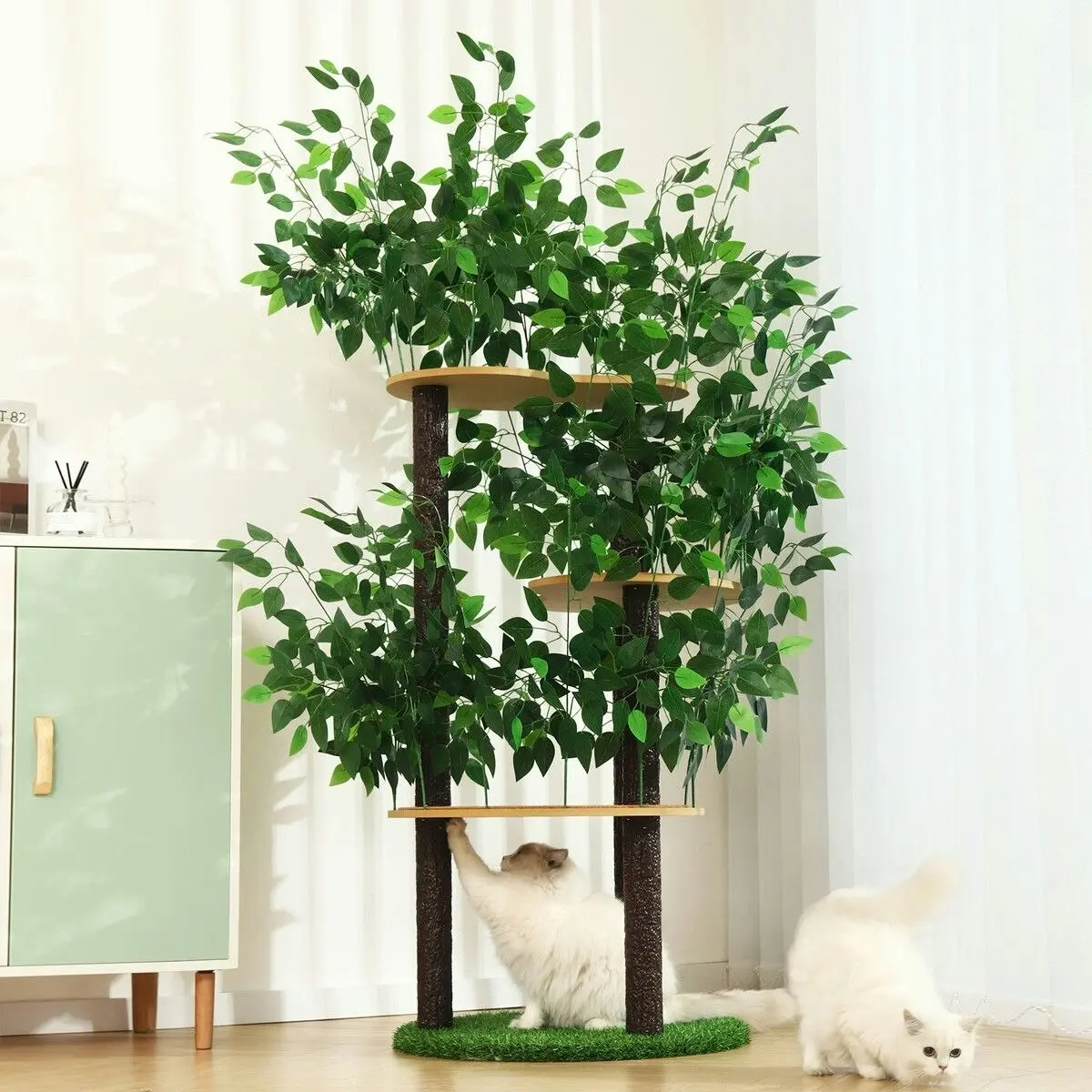 Pet Scene 150cm Cat Tree Tower Kitten Scratching Post Play House Stand Activity Centre Scratcher Furniture Climbing Frame Platform Artificial Grass Leaves