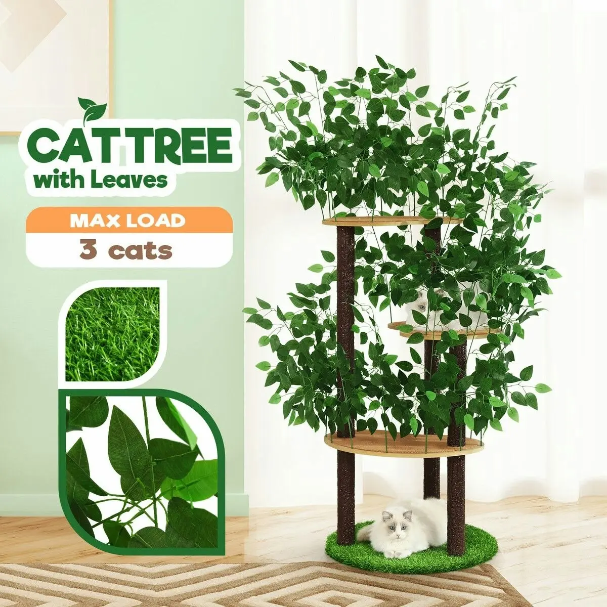 Pet Scene 150cm Cat Tree Tower Kitten Scratching Post Play House Stand Activity Centre Scratcher Furniture Climbing Frame Platform Artificial Grass Leaves