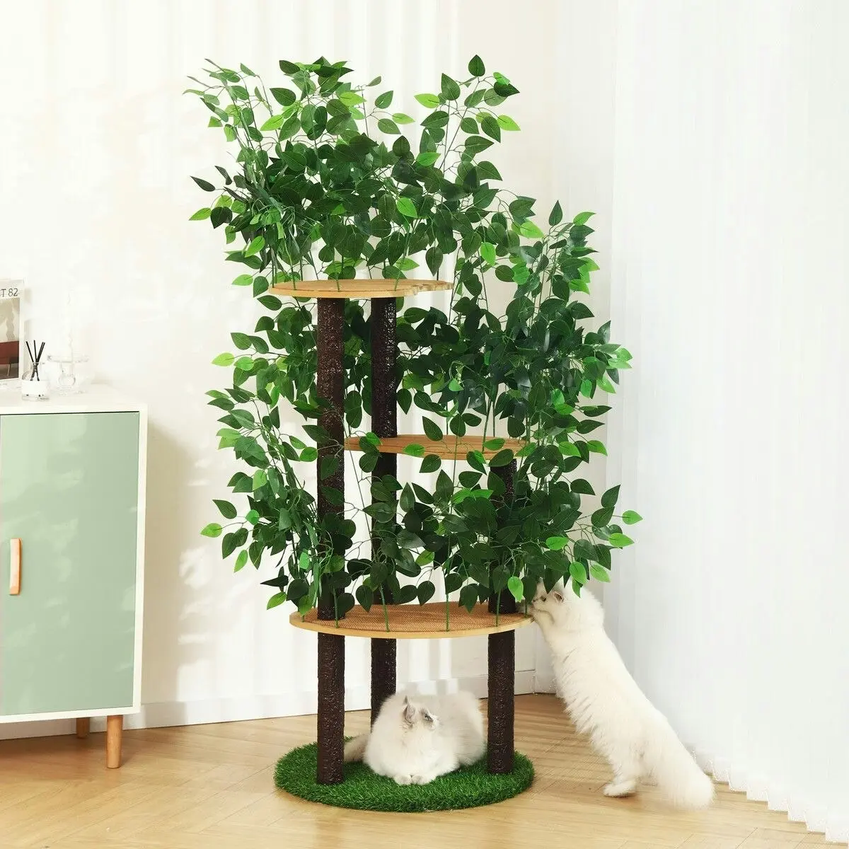 Pet Scene 150cm Cat Tree Tower Kitten Scratching Post Play House Stand Activity Centre Scratcher Furniture Climbing Frame Platform Artificial Grass Leaves