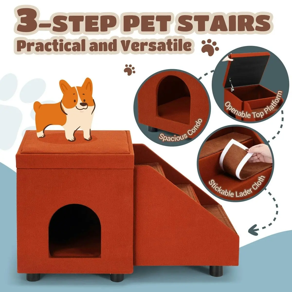 Pet Scene 2 IN 1 Dog Ramp Pet Stairs Wooden Cat Steps Puppy Ladder With Bed Foldable for Car Couch Sofa Window House Indoor